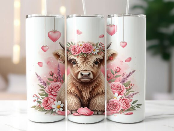 Cute Floral Cow Pink Heart Tumbler Wrap Graphics