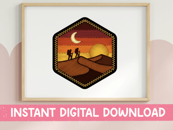 Desert Hiker Sunset Hexagon Badge