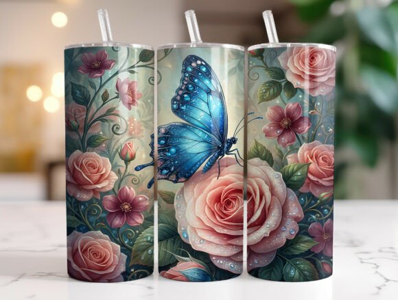 Floral Butterfly Rose Fantasy Tumbler Graphics for Tumbler Wraps