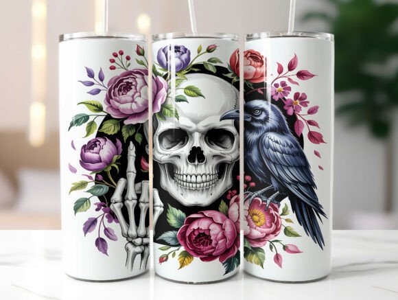 Funny Gothic Skull Floral Tumbler Wrap Graphics