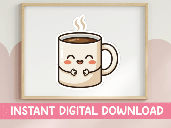Kawaii Coffee Mug Happy Face Sticker Graphics for T-Shirt Designs