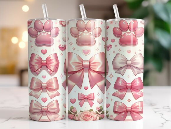 Pink Dog Paw Bow Valentine Tumbler Wrap Graphics