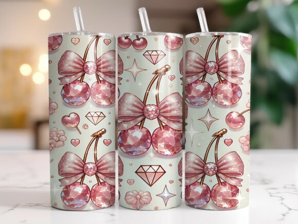 Pink Rhinestone Cherry Bow Tumbler Wrap Graphics