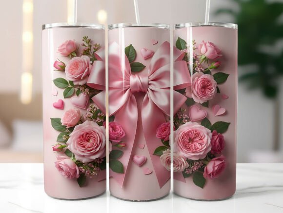 Pink Rose Bow Valentine Tumbler Wrap Graphics