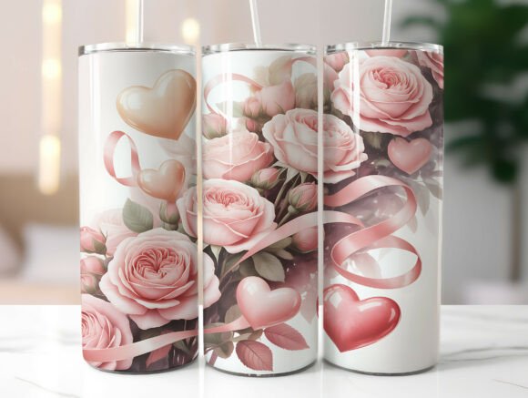 Pink Rose Heart Valentine Tumbler Wraps Graphics