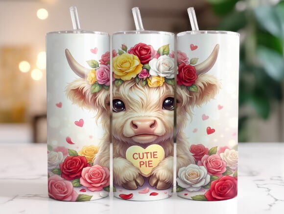 Romantic Highland Cow Rose Heart Tumbler Wraps