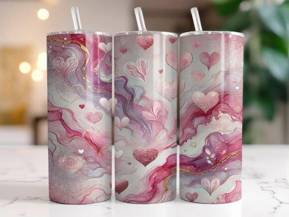 Valentine Pink Marble Hearts Tumbler Graphics