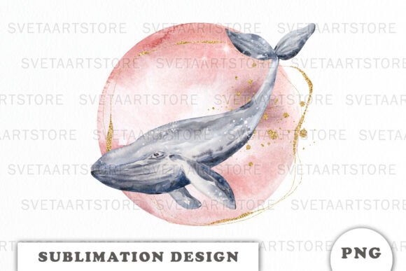 Watercolor Moon with Whale PNG Graphics & Illustrations